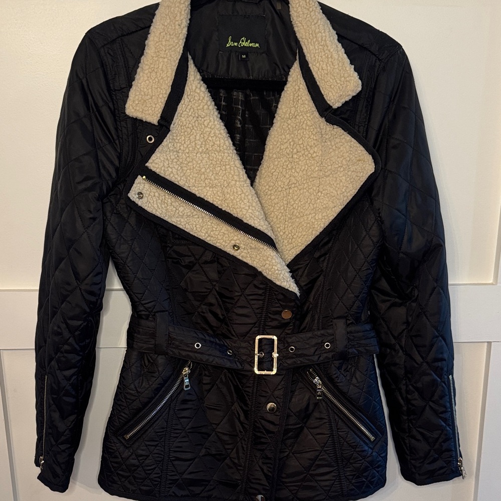 Sam Edelman Black Quilted Teddy Jacket with Cream Collar